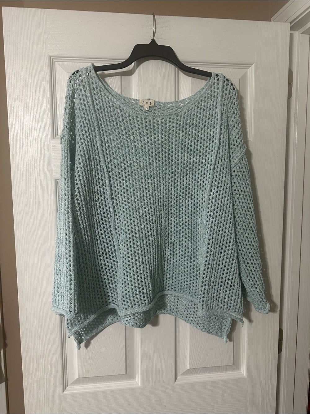 POL Pale Blue Open-Knit Scoop Neck Sweater